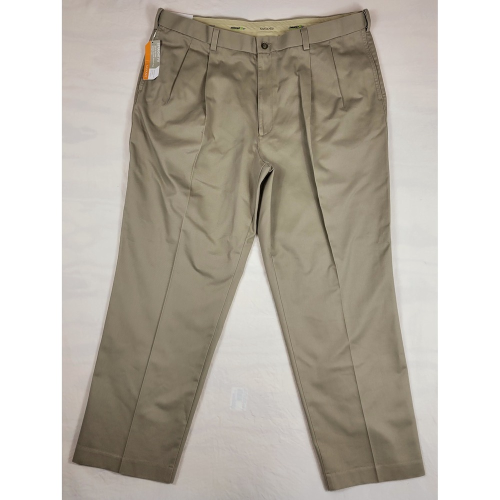 Savane Mens Performance Chino Pants 42x30 Khaki Pleated Comfort Waist S95B0030SU